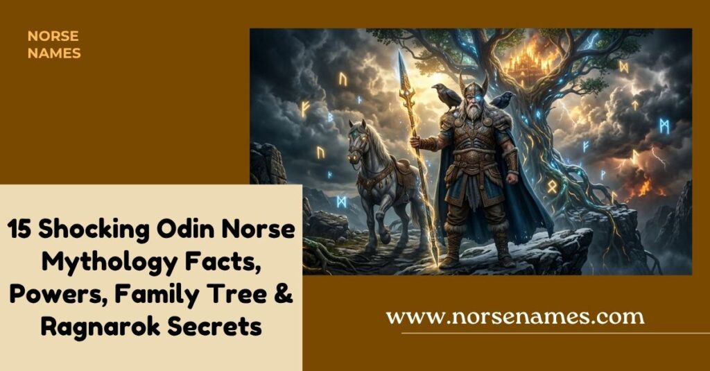 Epic Odin Norse mythology artwork showing the Allfather with Gungnir, Huginn and Muninn, Sleipnir, and Asgard.