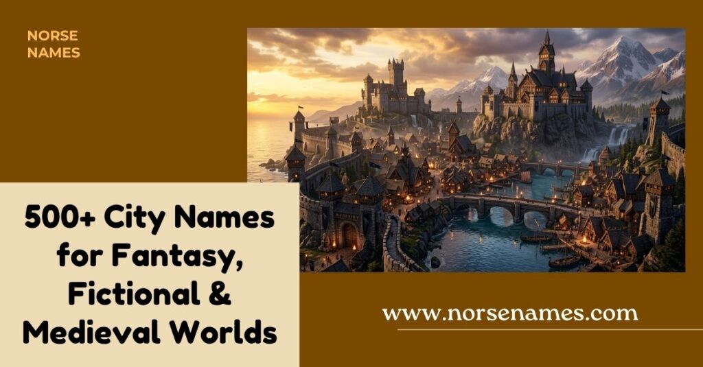 Fantasy capital city inspired by Norse mythology with medieval castles, Viking architecture, mountains, and a grand fortress.