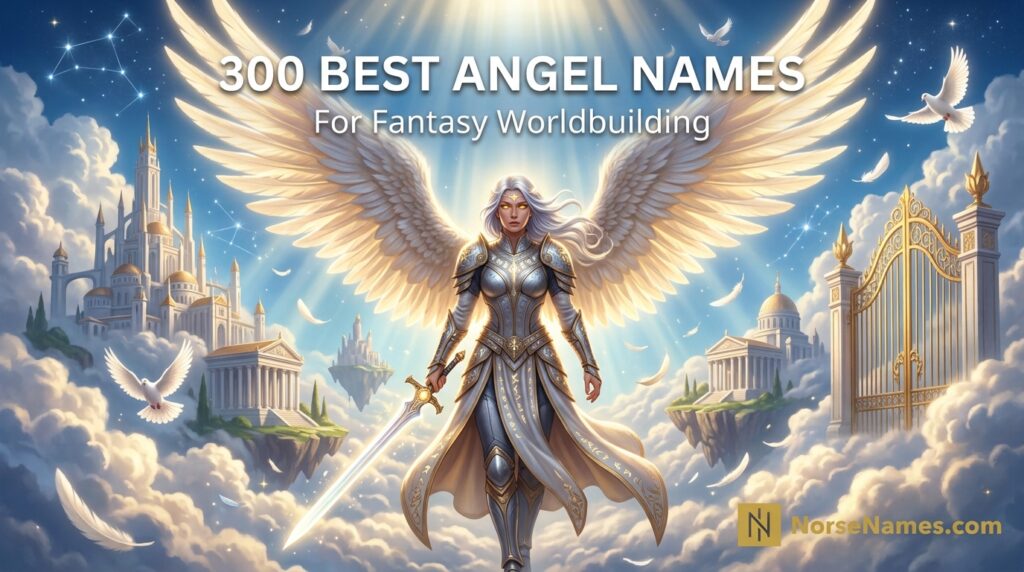 Majestic angel warrior with glowing wings in a heavenly fantasy realm for the 300 Best Angel Names for Fantasy Worldbuilding guide.