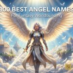Majestic angel warrior with glowing wings in a heavenly fantasy realm for the 300 Best Angel Names for Fantasy Worldbuilding guide.