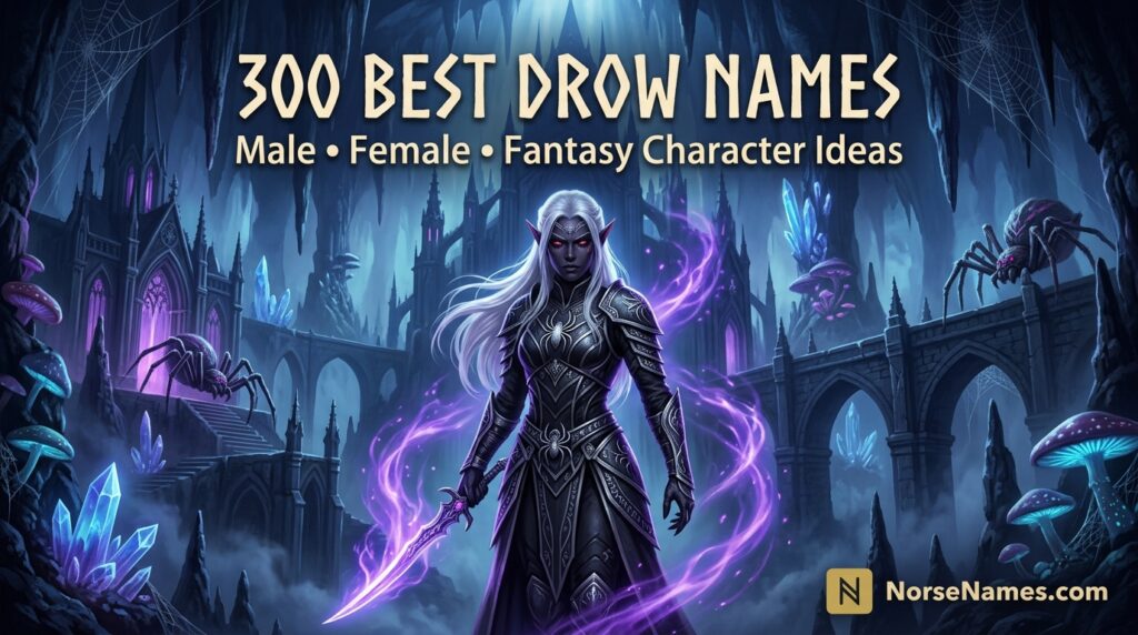 Drow elf standing in an underground fantasy city with NorseNames.com logo for 300 best Drow names guide.
