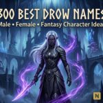 Drow elf standing in an underground fantasy city with NorseNames.com logo for 300 best Drow names guide.